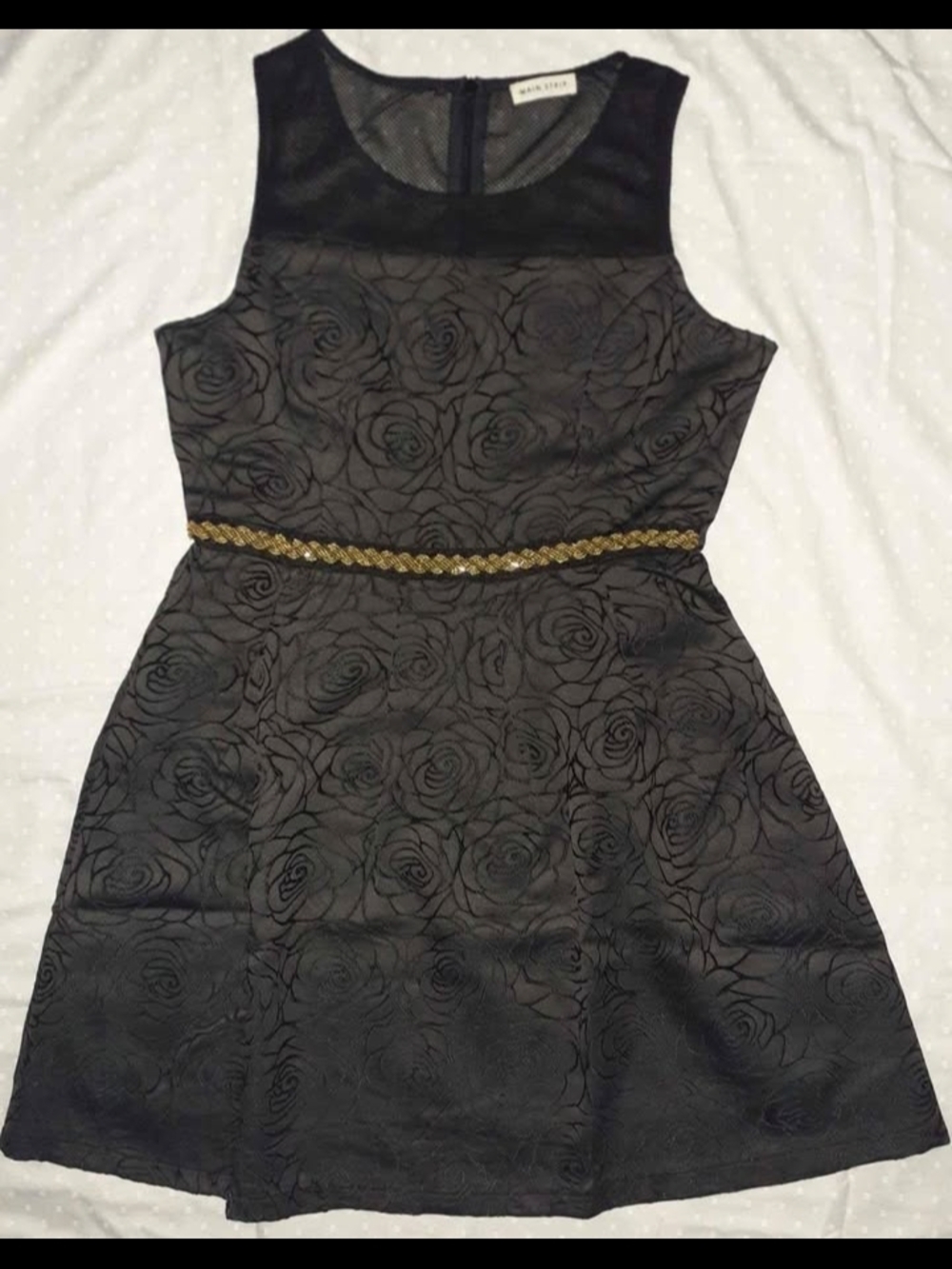 SO Black Rose-Textured Fit & Flare Mini Dress with Gold Braided Belt